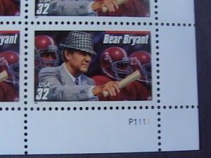 U.S.# 3148-MNH-LR PLATE # BLOCK OF 4-LEGENDARY FOOTBALL COACHES/BEAR BRYANT-1997