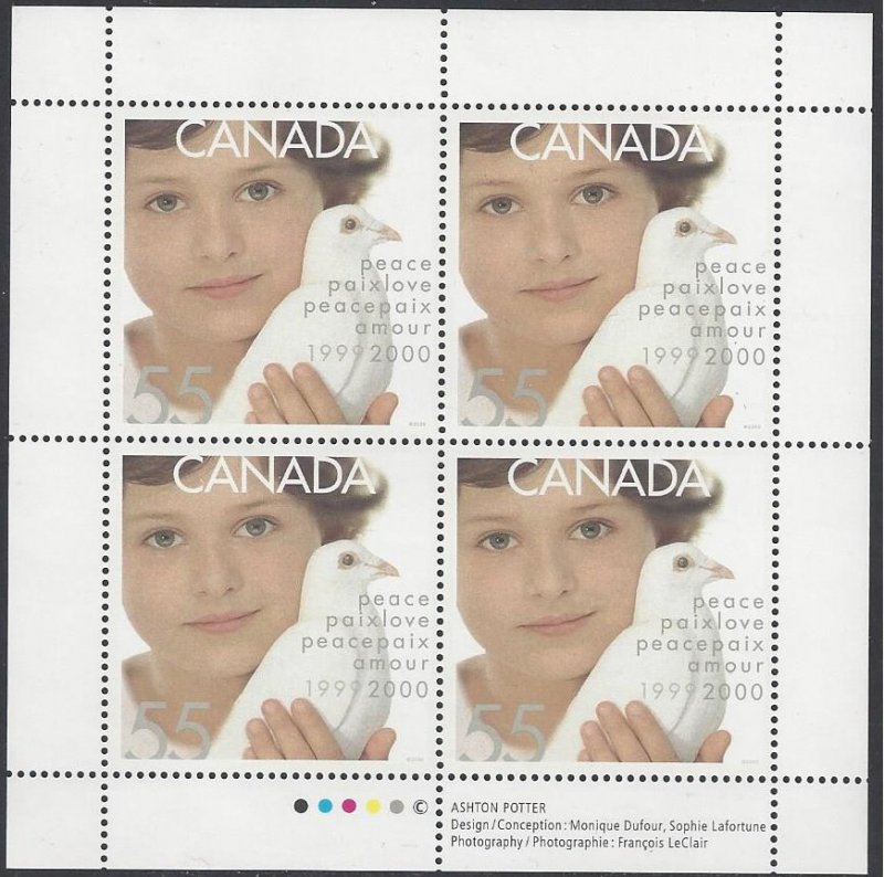 Canada #1813a MNH pane of 4, Peace dove millennium