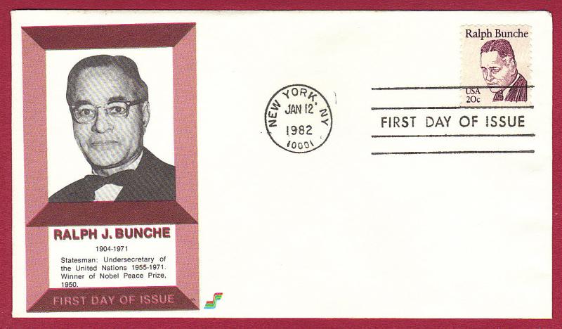 1982 20c RALPH BUNCHE, Great Americans #1860, FDC, Spectrum