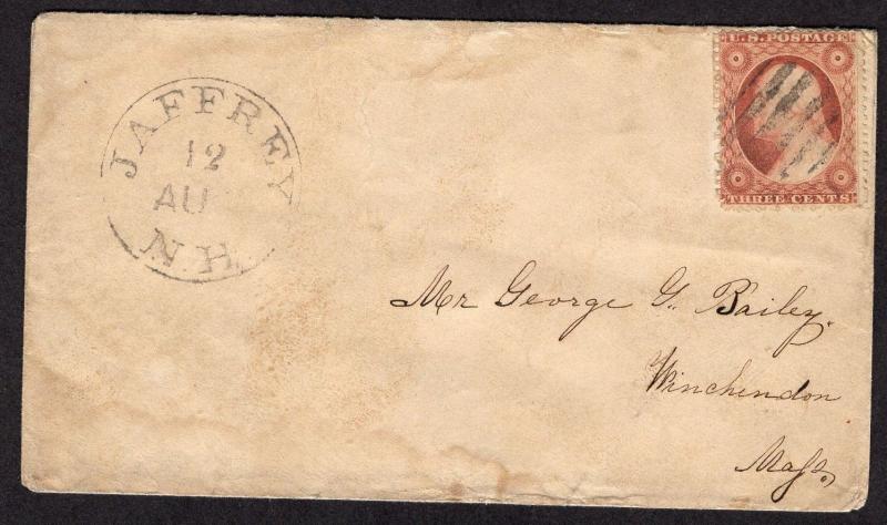 $US 19th Century Cover SC#26 Jaffrey, NH DPO 8/12 CDS, No Contents