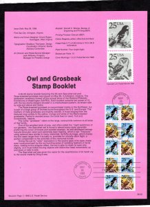 SP791 Owl & Grosbeak Booklet Pane, Souvenir Page FDC (#2283a)