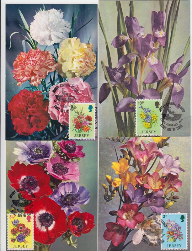 Jersey 1974 set 4 Spring Flowers colour Maxicards
