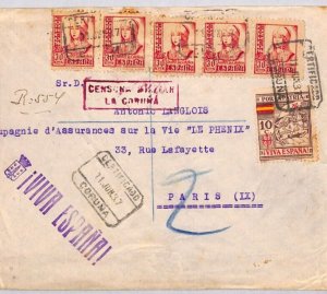 SPAIN Cover 1937 Coruna *VIVA ESPANA* Cachet Reg SPANISH CIVIL WAR Censor YG181