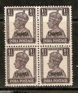 India CHAMBA State KG VI 1½An Postage SG 112 / Sc 93 1v in BLK/4 MNH