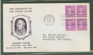 US 817 1938 12c Zachary Taylor (presidential/prexy series) block of four on an addressed (typed) first day cover with a Hux-cut