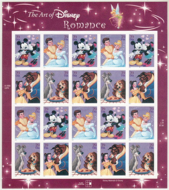 2006 U.S 39¢ Art of Disney Romance complete sheet of 20 MNH Sc# 4025 / 4028