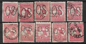 1913 Australia (10) Sc2 1d Kangaroo with OS perfin (5 large & 5 small) used