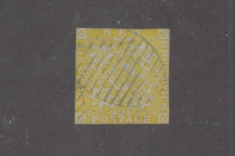 NEW BRUNSWICK # 2 6d OLIVE YELLOW IMPERF GRID CANCEL CAT VALUE $1600