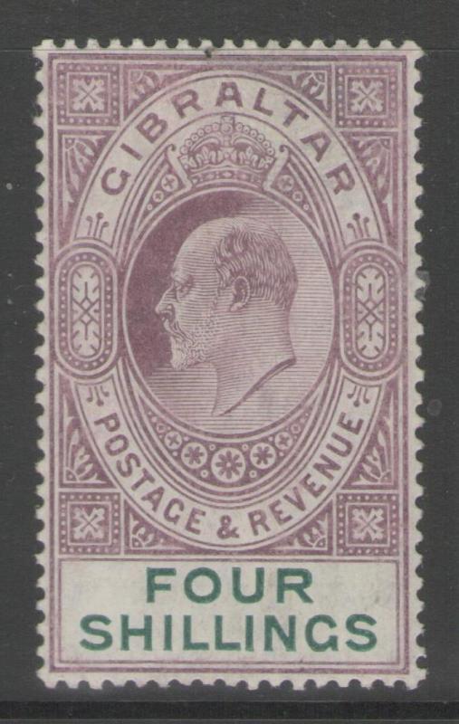 GIBRALTAR SG63 1908 4/= DEEP PURPLE & GREEN MTD MINT