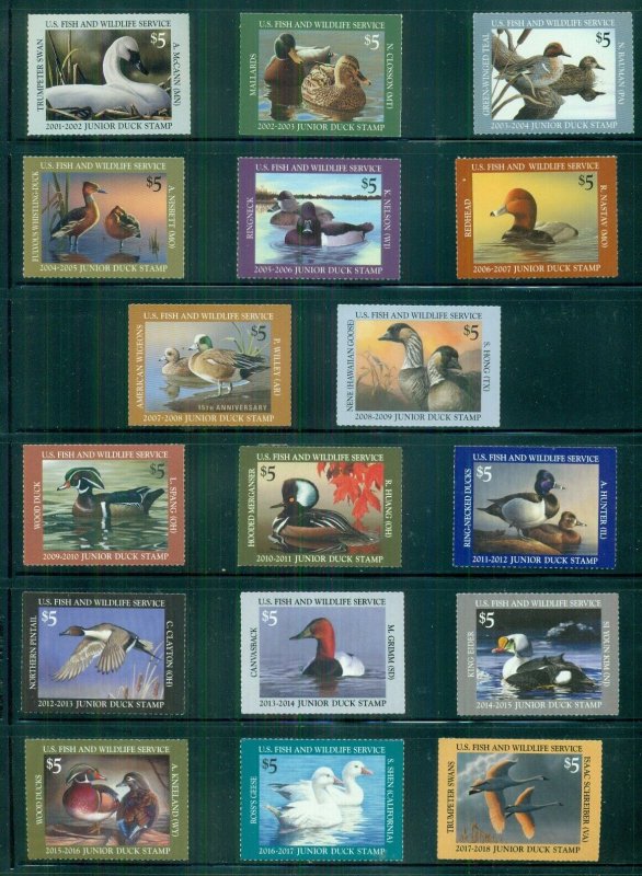 US #JDS9-25, $5.00 Junior Duck Stamps, Complete 2001-2017, NH, VF, Scott $280.00 