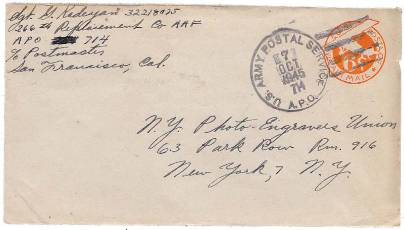 United States A.P.O.'s 6c Monoplane Air Envelope 1945 U.S. Army Postal Servic...