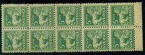 SWEDEN #126a, 5ore Lion Booklet Pane of 10, NH, VF, Scott $80.00