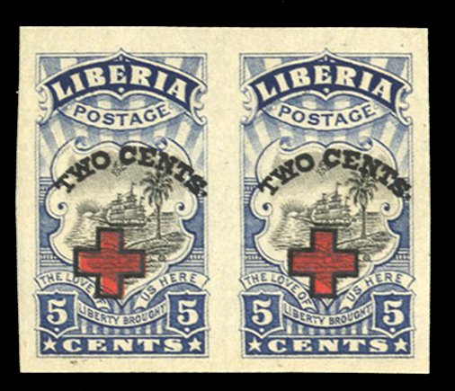 Liberia #B5a Cat$19+ (for hinged), 1918 5c on 2c Red Cross, imperf. pair, nev...