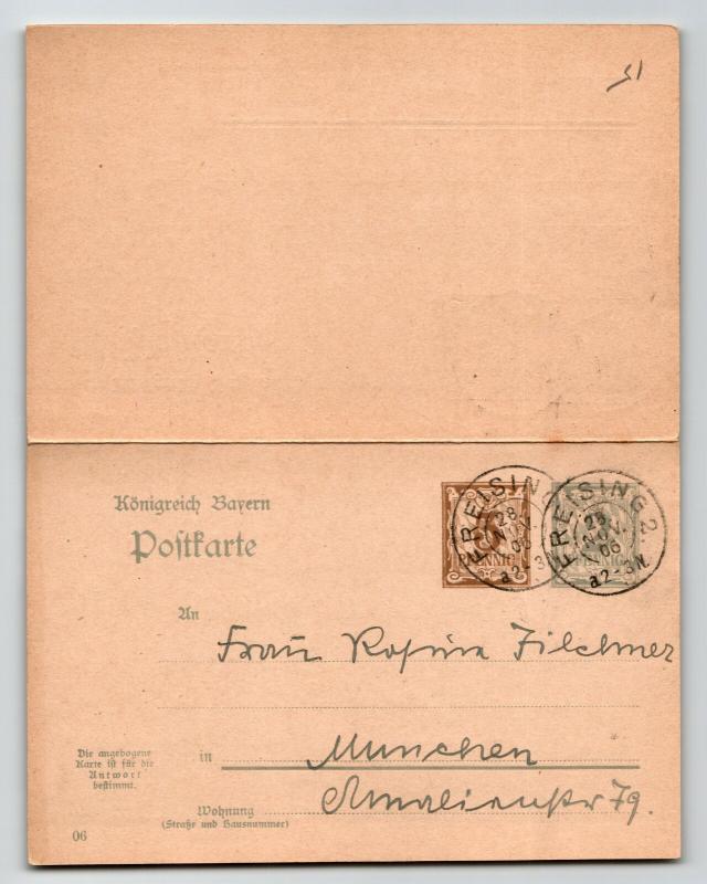 Bavaria 1906 Duplex Reply Card Entire / FREISING CDS - Z13544 