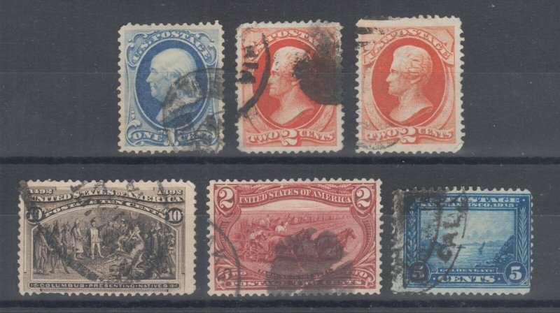 US Sc 156//399 used 1873-1913 issues, 6 different w/ small faults