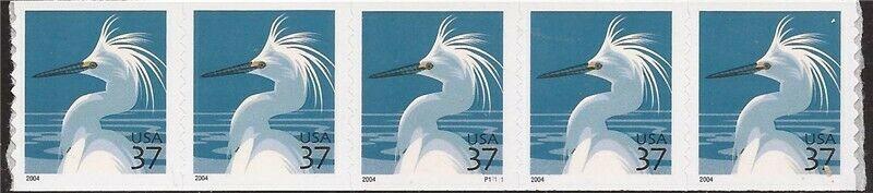 US Stamp - 2004 37c Snowy Egret - Pl Strip of 5 Stamps Perf 9 ½ #3829A