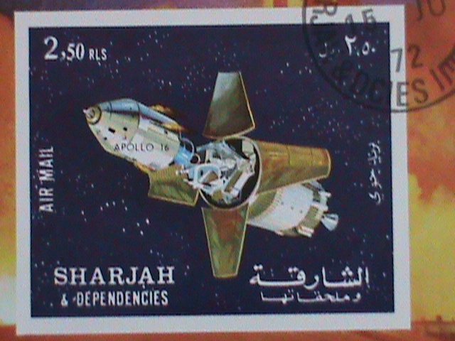 SHARJAH-STAMP:- 1972-  COLORFUL SPACE SHIP- CTO AIR MAIL S/S SHEET NOT HING