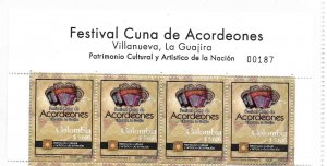 COLOMBIA 2008 ACCORDION FESTIVAL MUSIC INSTRUMENTS ROW OF 4, TOP SHEET, MNH