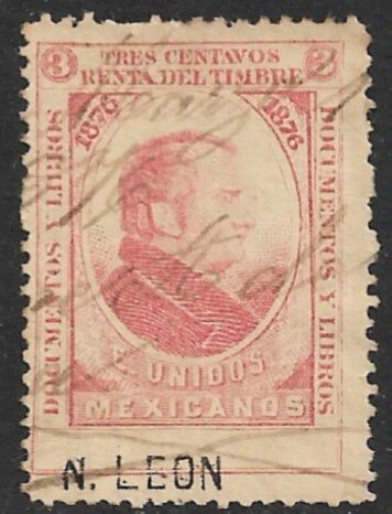 MEXICO REVENUES 1876 3c Carmine DOCUMENTARY TAX N. LEON Control Used DO14