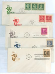 US 874-878 1940 Scientists, set of 5, Famous American Series, on 5 unaddressed FDCs with matching House Of Farnum Cachets