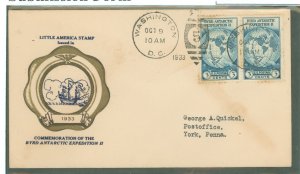 US 733 1933 3c Byrd Expedition pair on an addressed (typed) FDC with a Rice cachet