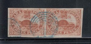 CANADA # 4 VF-PAIR IMPERF 3d BEAVERS SON CIRCLED CANCELS CV $600+