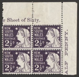 NEW SOUTH WALES 1897 QV 2½d deep violet, Die II, block part inscriptions. MNH **