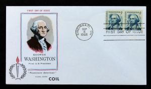 US #1283 FDC Fluegel Cover 1966 Prominent Americans Coil Pair.