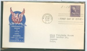 US 842 1939 3c Thomas Jefferson (part of the Presidential series) coil single on an addressed (typed) FDC with an loor cachet