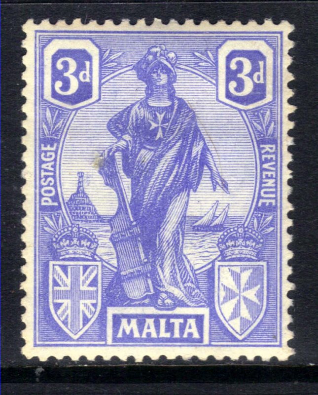 Malta 1922 - 26 KGV 3d Cobalt Emblematic Statue MM SG 130 ( B1159 ) 