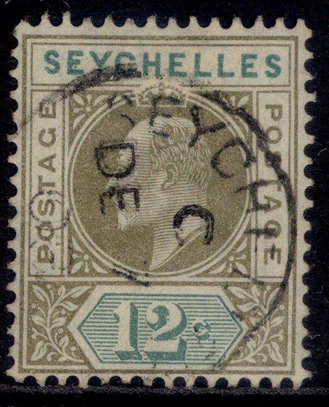 SEYCHELLES EDVII SG63, 12c olive-sepia & dull green, VERY FINE USED. CDS 