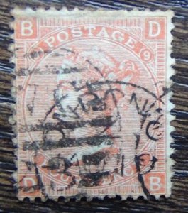 Great Britain 1865 - 1867 4d Vermillion Used Plate 9 SG95