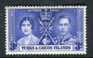 TURKS CAICOS; 1937 early GVI Coronation issue Mint hinged 3d. value