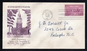 US 1937 3¢ Constitution Stamp FDC #835 Used CV $15