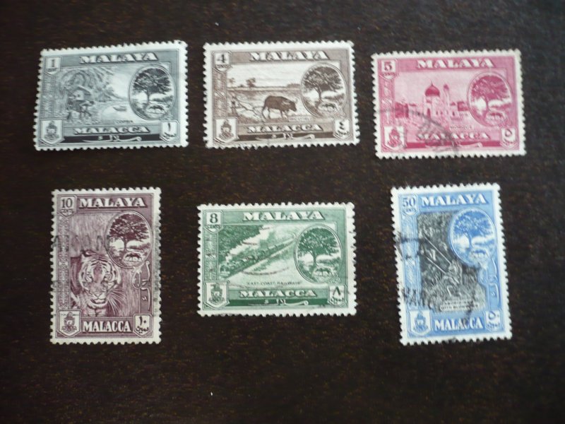 Stamps - Malaya Malacca - Scott# 56,58-61,63- Mint H & Used Part Set of 6 Stamps