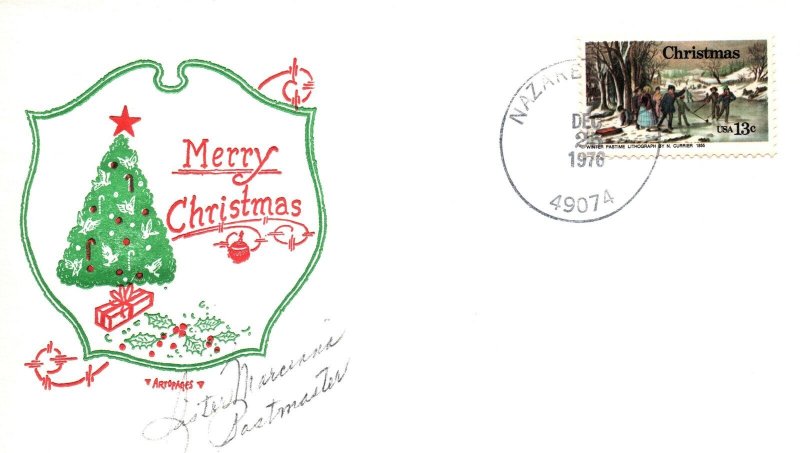 CHRISTMAS GREETINGS CACHET ARTOPAGES SIGNED BY POSTMASTER NAZARETH MICHIGAN '76 