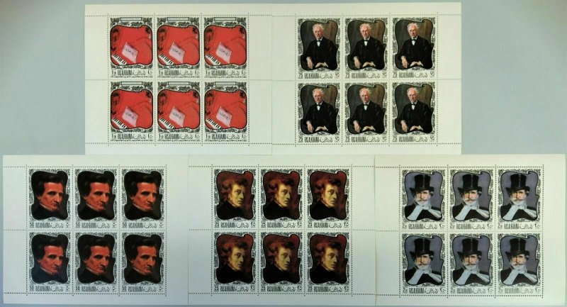 RAS AL KHAIMA 1969 PAINTINGS/FAMOUS MUSICIANS 5 SHEETS OF 6 STAMPS PERF. MNH