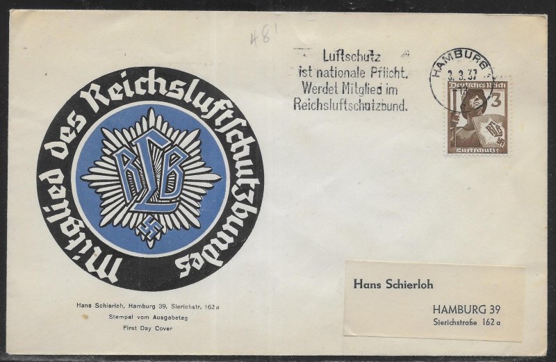 Germany 481-483 Air Protection League FDC (*sch) c.v. 300 Euro