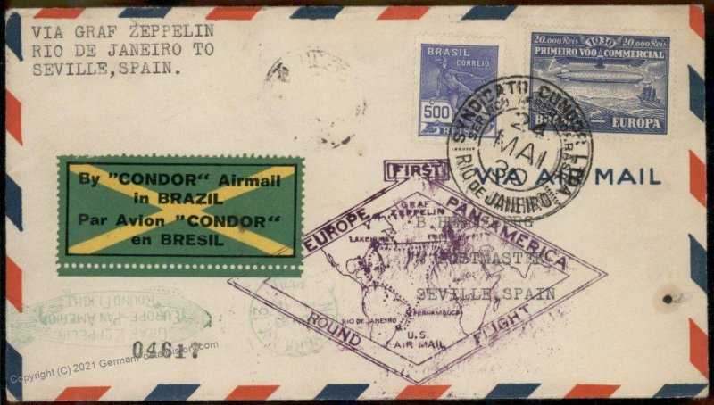 Brazil 1930 Graf Zeppelin Si59 Rio Pernambuco Seville Cover Pan America 100831