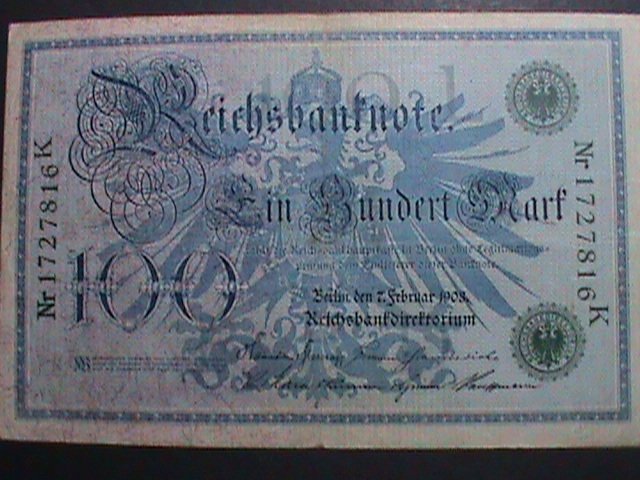 ​GERMANY 1908-OVER 114YEARS OLD RCICHS BANK NOTE USED ANTIQUE  CURRENCY VF