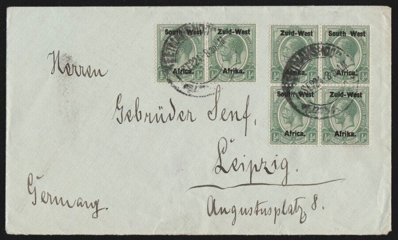 SOUTH WEST AFRICA 1924 Cover franked setting I KGV ½d litho block & pair.