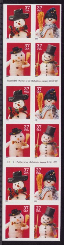 US 3684-3687b Snowman, 2002, Complete Booklet/20,  Mint NH
