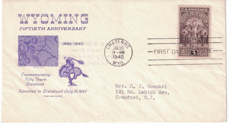 #897 FDC, 3c Wyoming 50th, 4 diff. cachets