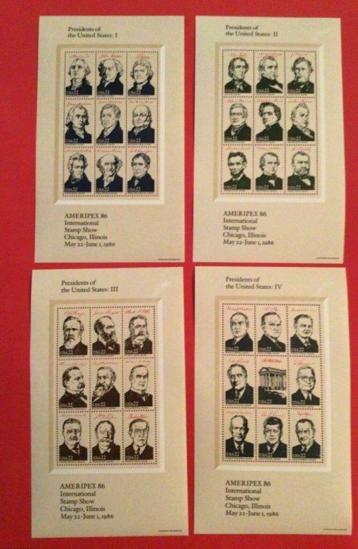 Ameripex '86 President Souvenir Sheets Sc# 2216-2219  ⭐⭐⭐⭐⭐⭐