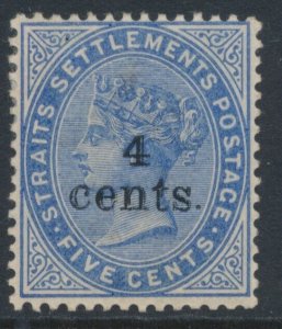 Straits Settlements 1898 SG 107 FOUR CENTS on 5c Blue MH WMK CROWN CA