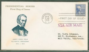 US 816 (1938) 11c James Polk (part of the Presidential/Prexy series) (single) on an addressed (typed) First Day Cover with an Ex