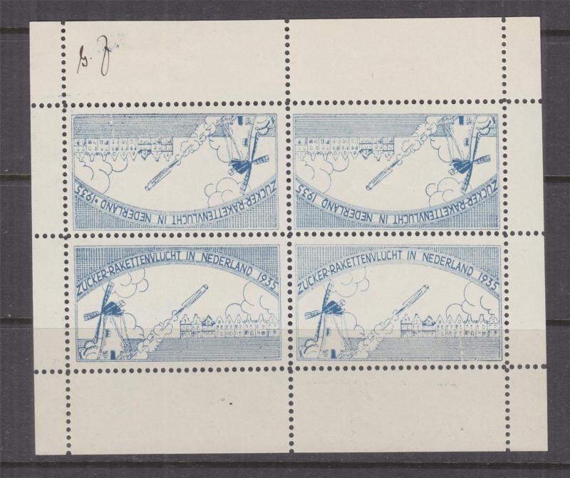 NETHERLANDS, 1935 Rocket Mail, Sheetlet of 4, initialled by Zucker, mnh.