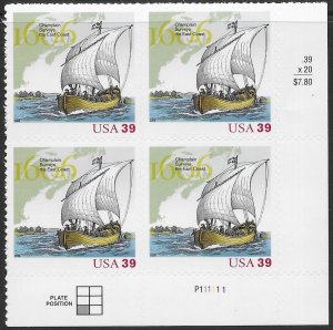 US #4073 MNH plate block.  Champlain surveys the east coast.