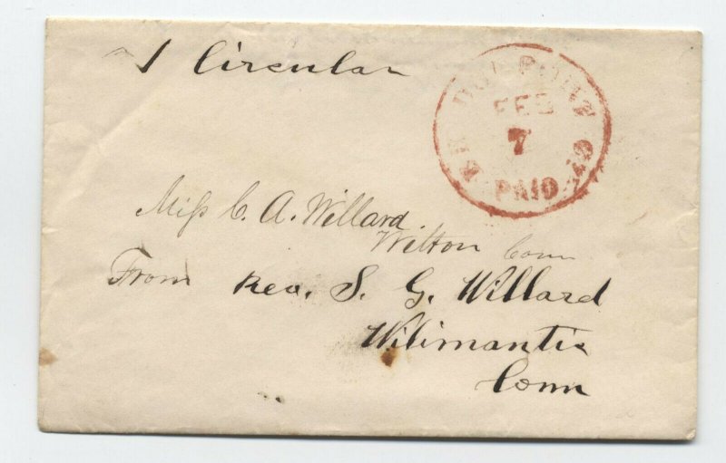 1850s Bridgeport CT red CDS paid integral 1 circular to Willimantic [5252.41]
