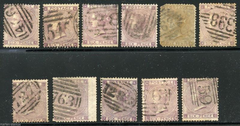 GREAT BRITAIN  SIX  PENCE LOT OF ELEVEN  USED  SCOTT#39  VARIABLE CONDITION